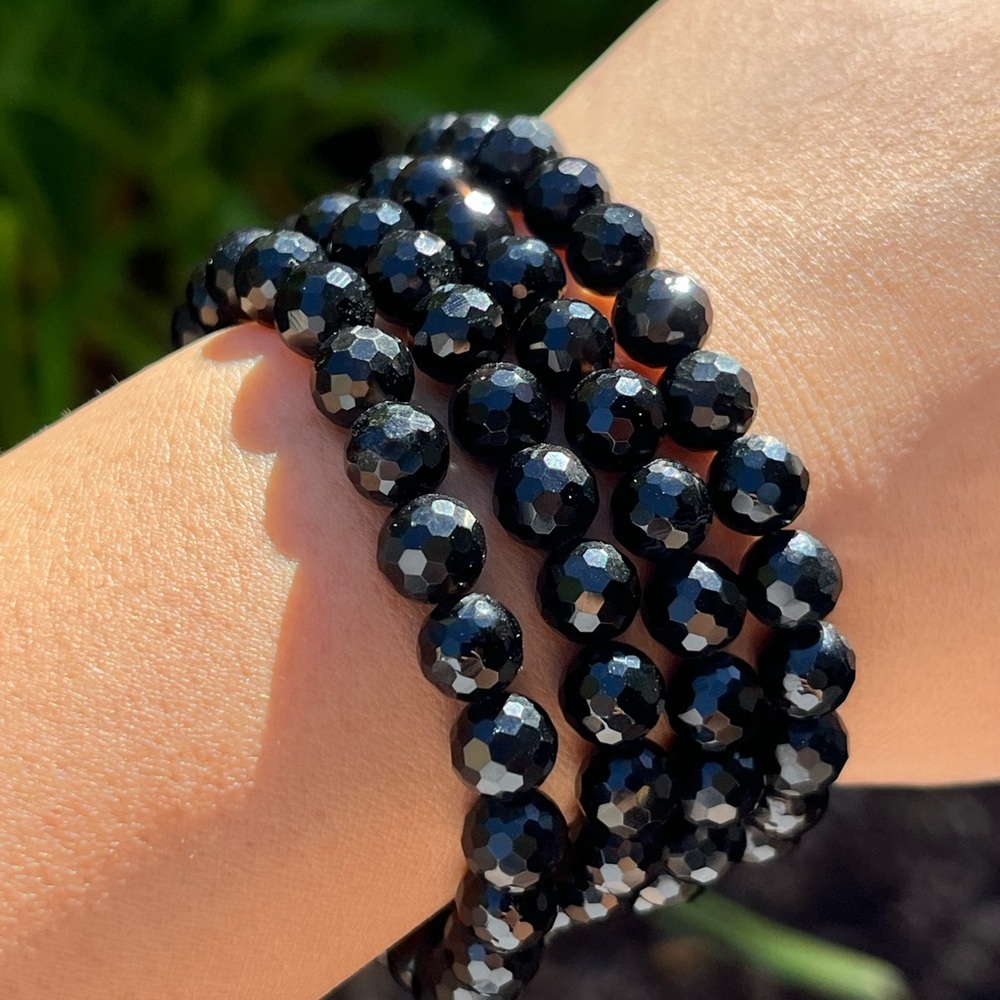 8mm stretchable faceted black obsidian bracelet 0272 - Picture 7 of 8